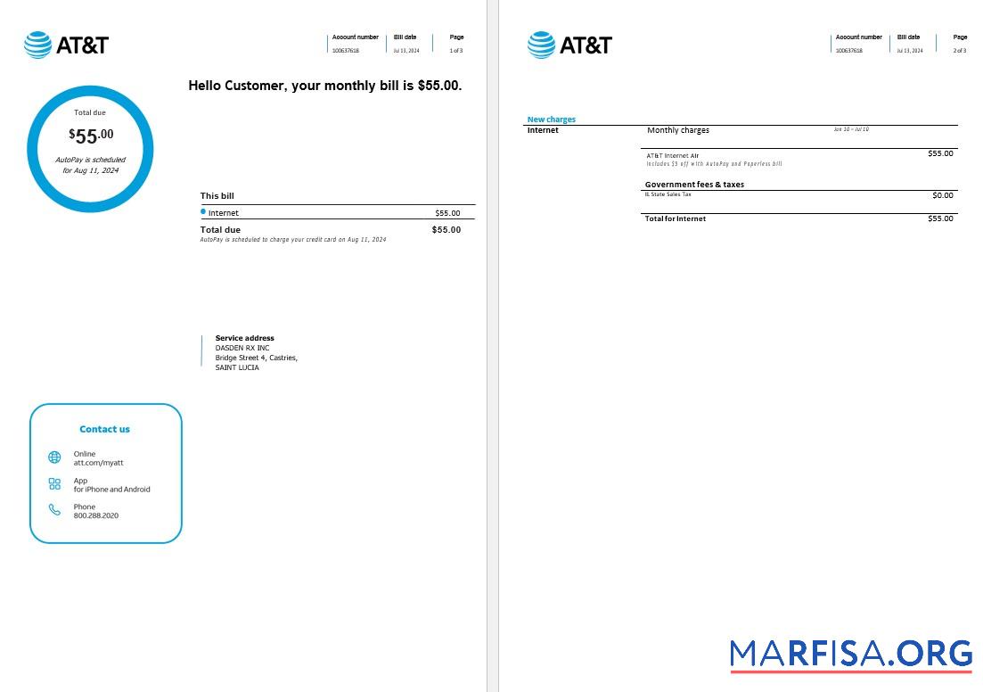 Printable Saint Lucia internet business utility bill Word and PDF template, 3 pages1